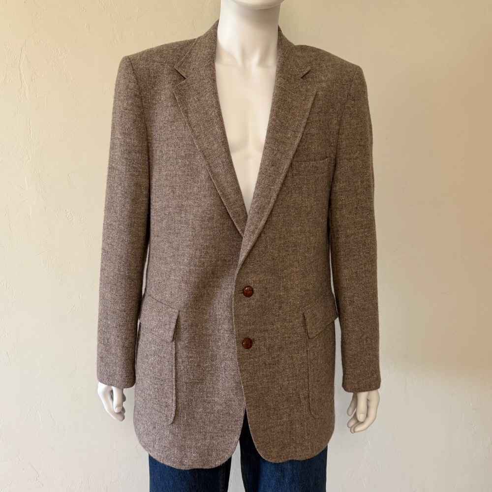 Rare Vintage Levis Mens Brown Tweed 100% Wool Blazer‎ with Leather Buttons 42R
